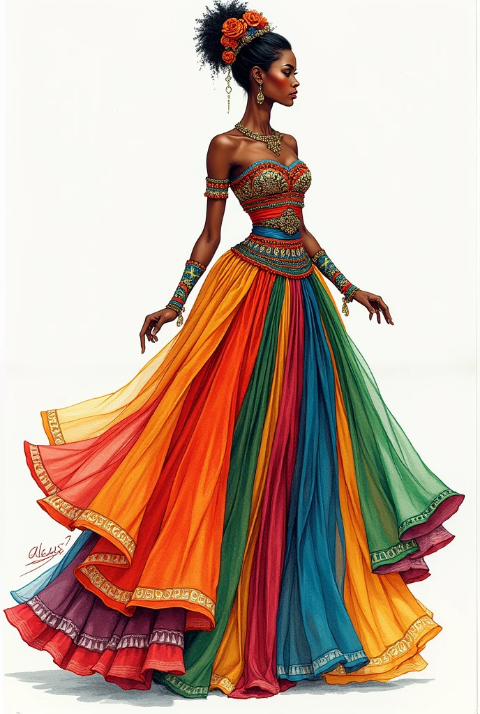 A cultural outfit from Brazil similar to some Dior clothes, model in drawing on paper, stylist with colors