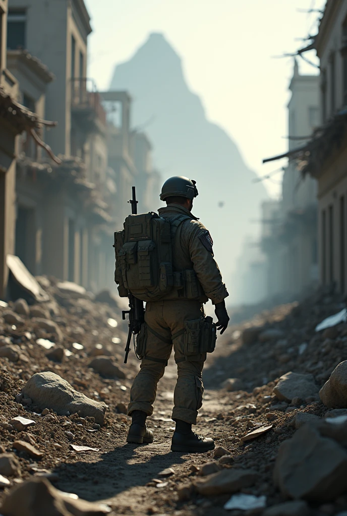 1940; (masterpiece, best quality) destroyed city (Rio de Janeiro) American soldier going to war