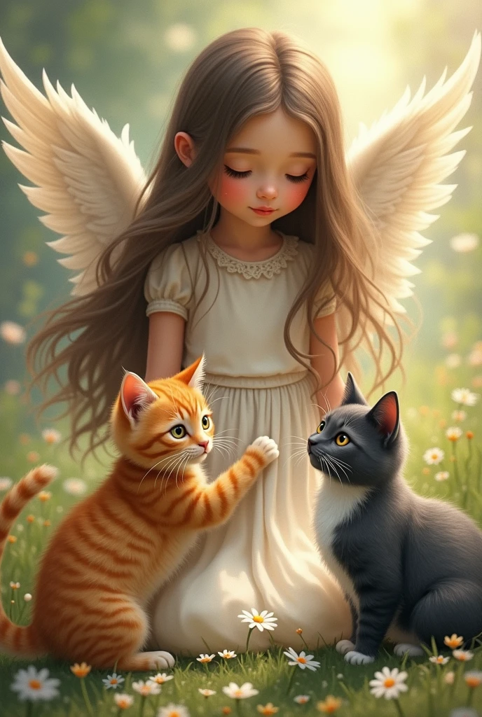  girl with long brown hair with 1 orange tabby kitten and 1 gray grandpa cat, black and white tabby with angel wings
