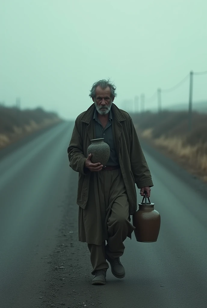 (Shot of Margarito walking alone along a desolate road with a small urn in his hands. The sky is grey and cold.)
