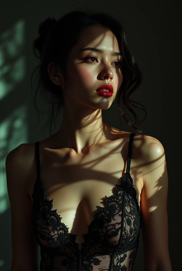 A woman in a delicate lace bodysuit, intricate lace patterns casting shadows on her skin, play of light and mystery, detailed facial features, beautiful eyes and lips, high quality 8k, photorealistic, dramatic lighting, cinematic, moody, dark and elegant, chiaroscuro effect, rich color palette, gothic, fantasy