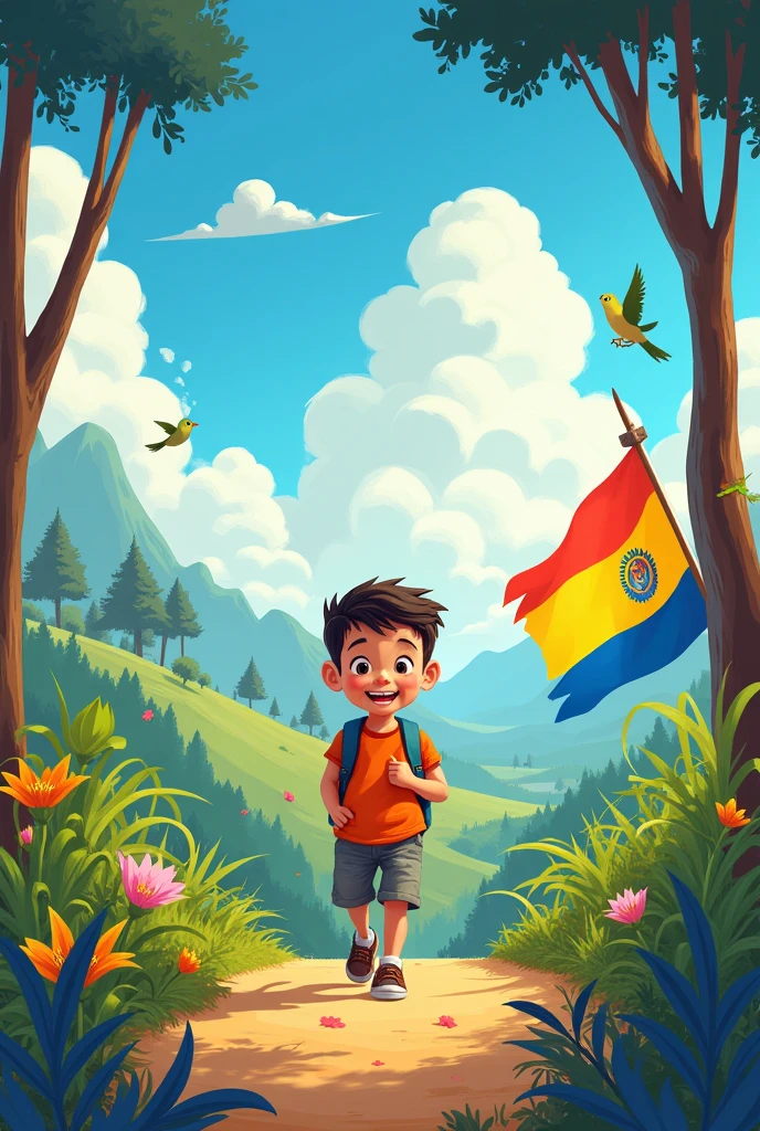 Genera una portada con un estilo de dibujo animado para un cuento que titula un viaje to the future of Bolivia, which is about Bolivia turning 200 years old in 2025, The cover must have graphic elements related to Bolivia, For example, it must have the flag of Bolivia., hills, vegetation, It must also have something related to a trip "to the future of Bolivia" , The journey is made by a child, so the cover should have only one child and no more people, It also deals with the flora and fauna of the 9 departments of Bolivia. Convierte esta portada a una en horizontal sin cambiar el como se ve