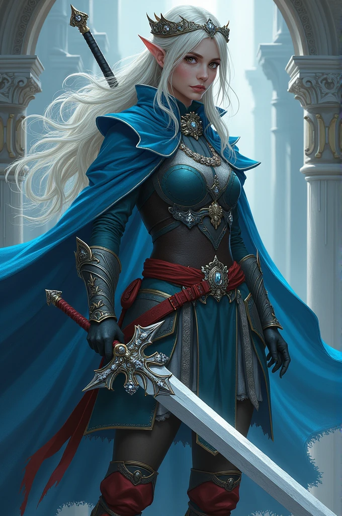  a female soldier, long hair, and deep eyes. Her ivory white hands held the great mithril sword on her back fell the blue silk cape that matched her magic belt of diamond pearls and on her temples was the crown of black gladiolas that emanated an aura of fine ghostly whitish complexion from her legs hung the locks of hair of a beast blackened by fire and her shiny boots were crimson red from the blood of her enemies