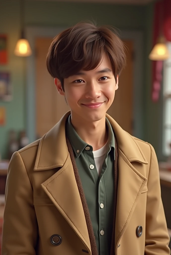White young man with brown hair, Bangs in the hair, beige long coat, 90s sitcom, realistic, retrô, smile