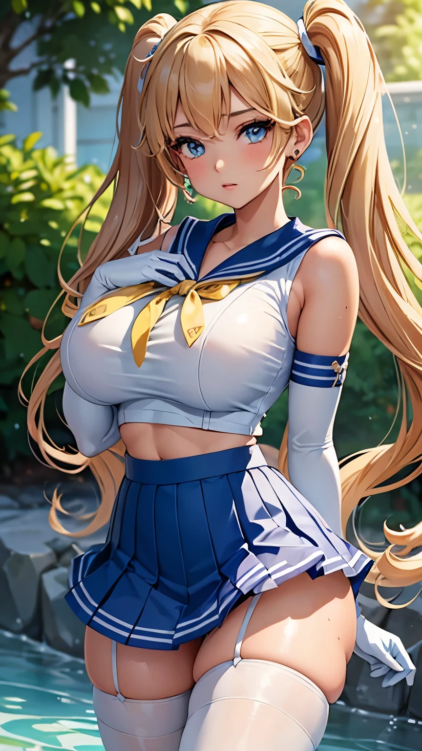 Close up, 1 girl, sailor, Tsukino Usagi, (sailor chiseki uniform:1.2),wet, See-Through top, (aqua eyes:0.9), blonde hair, twintail hair, wedge skirt, best quality, earrings, masterpiece, high resolution, intricate details, (realistic)), photography, (white elbow gloves:1.1), (white stocking:1.1), (huge breasts), (hourglass figure), (exposed navel), full body, dynamic background, dynamic pose, white