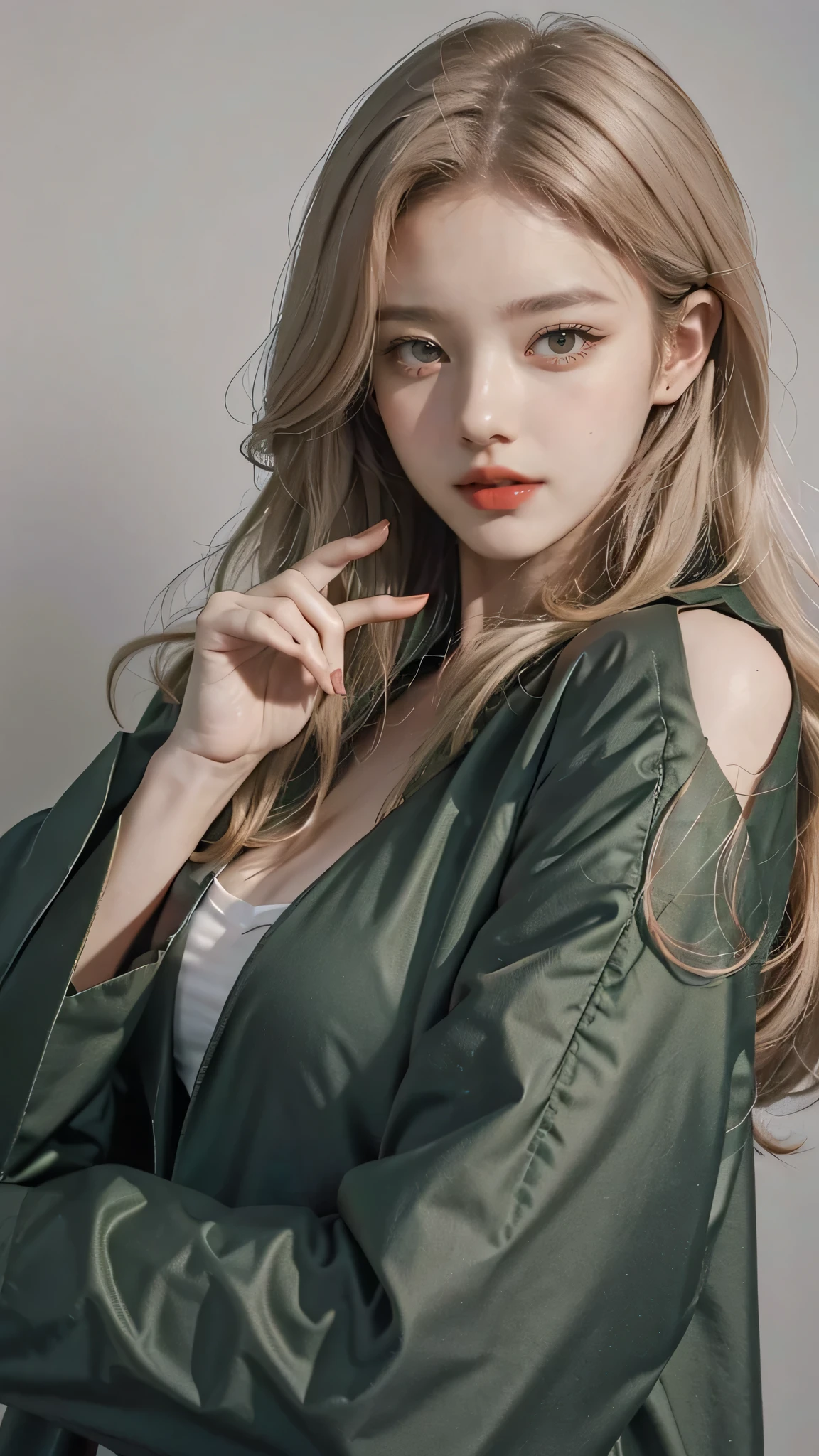 Girl wearing, luxury green coat, shoulder length hair, wavy hair, glowing skin, star in eye, red lips, grey  background, cute poses, upper body, light blonde hair, fully covered clothing.