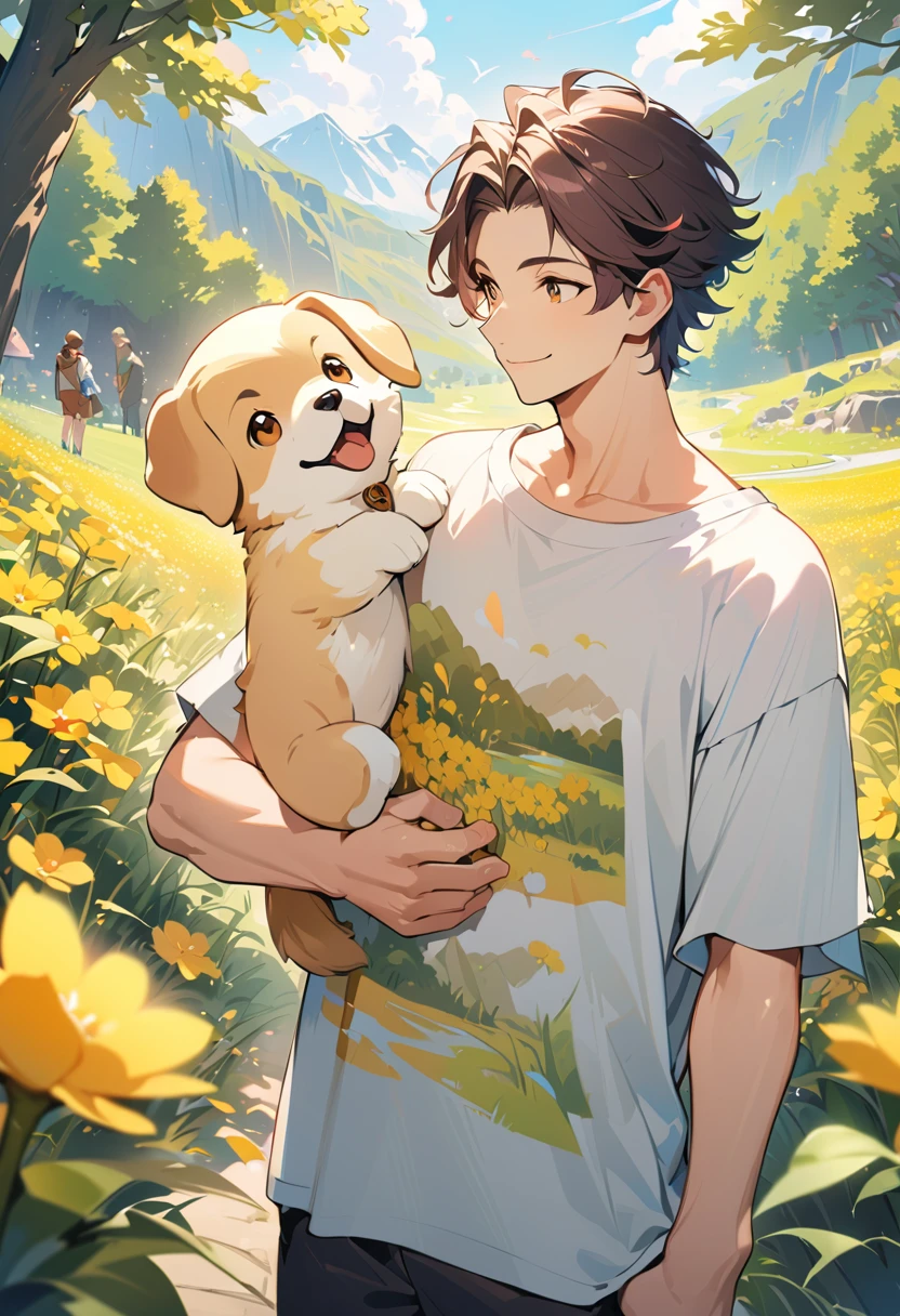 ((young man:1.1)),(Oversized T-shirt:1.35),Prompt: An incredibly charming accompanied by his adorable puppy, enjoying a lovely spring outing surrounded by beautiful yellow flowers and natural scenery. The illustration is in high definition at 4k resolution, with highly-detailed facial features and cartoon-style visuals,smile,(Gazing at each other:1.1).