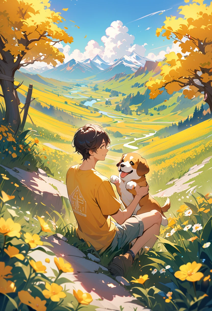 ((young man:1.1)),(Oversized T-shirt:1.35),Prompt: An incredibly charming accompanied by his adorable puppy, enjoying a lovely spring outing surrounded by beautiful yellow flowers and natural scenery. The illustration is in high definition at 4k resolution, with highly-detailed facial features and cartoon-style visuals,smile,(Gazing at each other:1.1).