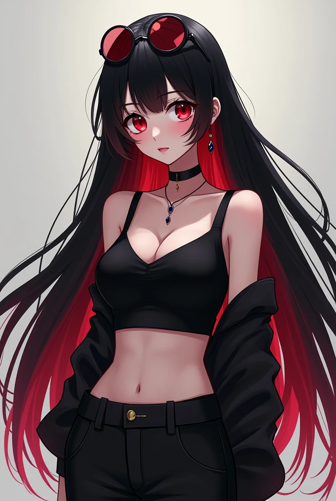 anime girl, with black hair and red highlights, without bangs her hair is long, His eyes are large and deep red, Her lips are black and her eyeliner is also black.. She is wearing a black crop top and black baggy pants and a light blush on her cheeks and the tip of her nose, con largas pestañas y lentes negros redondos en la cabeza, con un collar que tiene un safiro