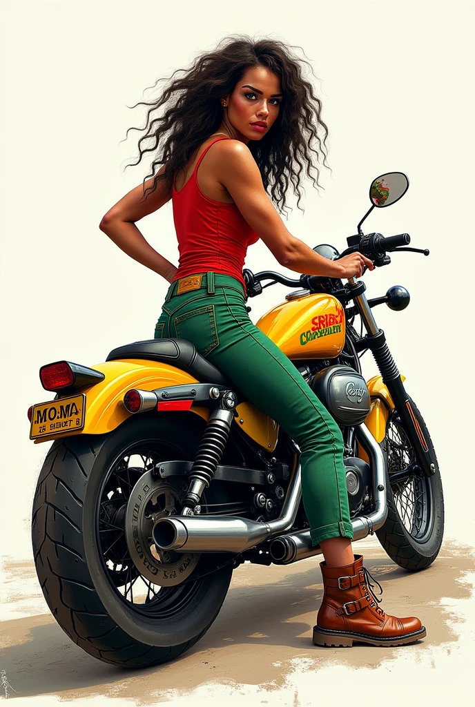 Woman biker yellow red green and black rasta drawing in full body side position with rasta colored motorcycle