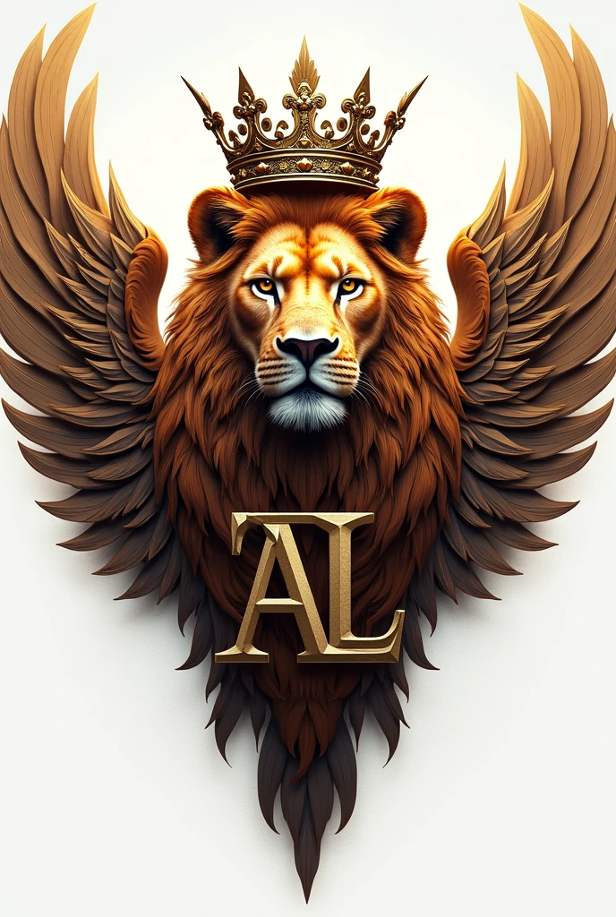 A lion&#39;s head wearing a crown in the front angle. Below the head, It has two open wings and between them two letters in an integrated form. An A and an L