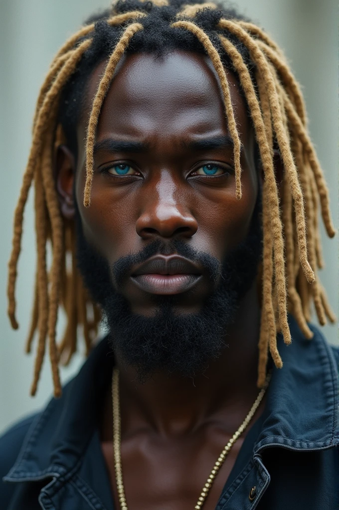 A black man with blond dreadlocks and blue eyes