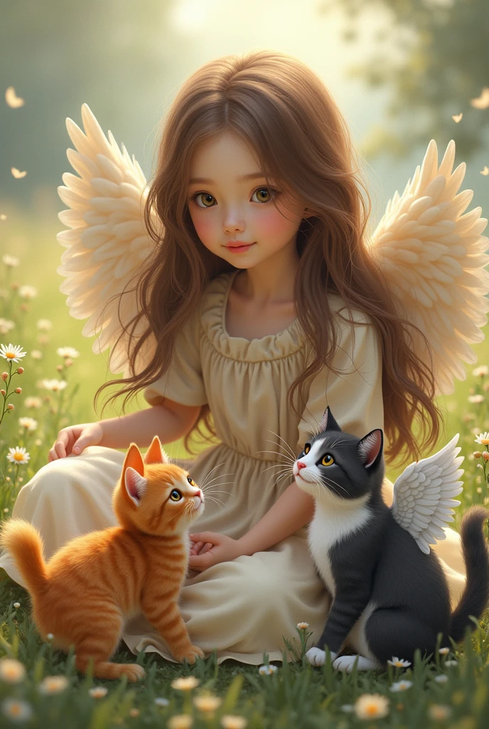  girl with long brown hair with 1 orange tabby kitten and 1 gray grandpa cat, black and white tabby with angel wings
