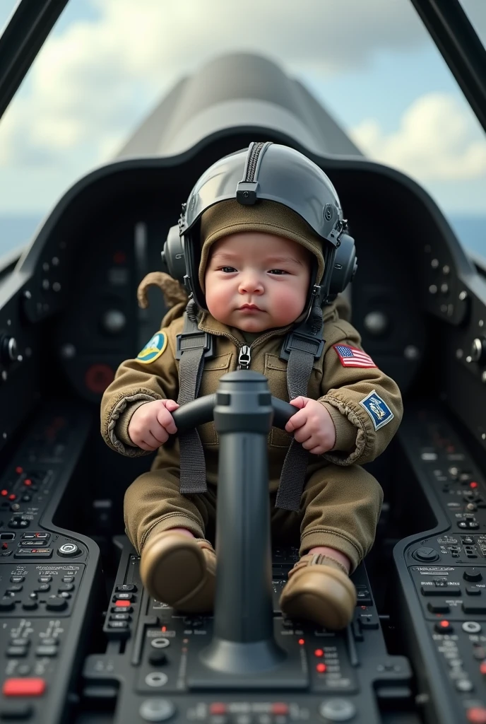 Newborn wearing a fighter pilot suit flying an F-35 aircraft. Realistic cockpit view as in real life.