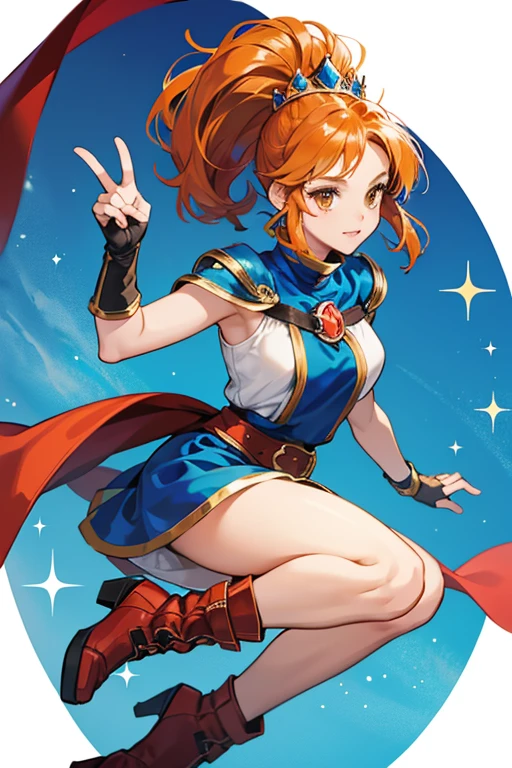 Her hair is now orange and has golden brown eyes.

She sports a heavier emphasis on armoring with bulkier shoulder padding and a breastplate that covers her chest and neck. Her blue band in her hair is replaced with what appears to be a type of tiara, however she still sports a ponytail. Puyo Puyo~n would start a trend of Arle wearing a type of cape, in this game a red cape that reaches to her legs. Later games would revive the characteristic of Arle wearing capes starting with Puyo Puyo!! 20th Anniversary, where she wears a blue cape with a white rim. Her boots would gain a golden band with blue socks, and her wristband changed to a type of fingerless glove that covers the top of her hand similar to a gauntlet. SPARKLE; GLITTER