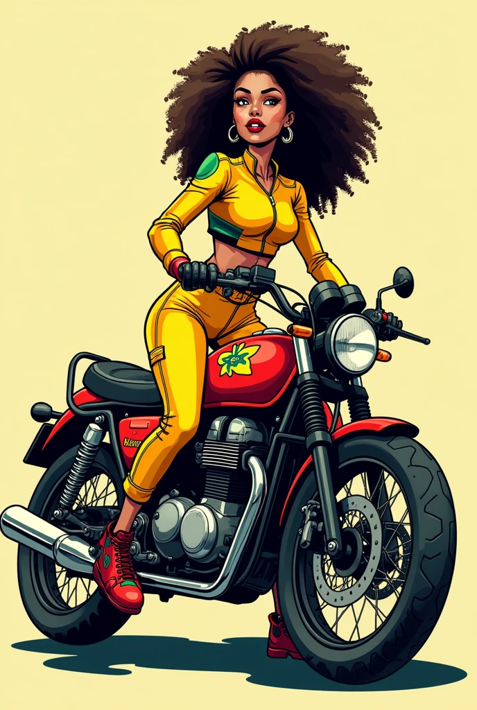Woman biker yellow red green and black rasta cartoon drawing in full body side position with rasta colored motorcycle