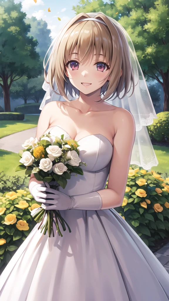 masterpiece, best quality, highres, aakikyo, short hair, hair intakes, white hairband, wedding dress, white dress, white gloves, bridal veil, holding bouquet, garden, confetti, smile, flower, cowboy shot