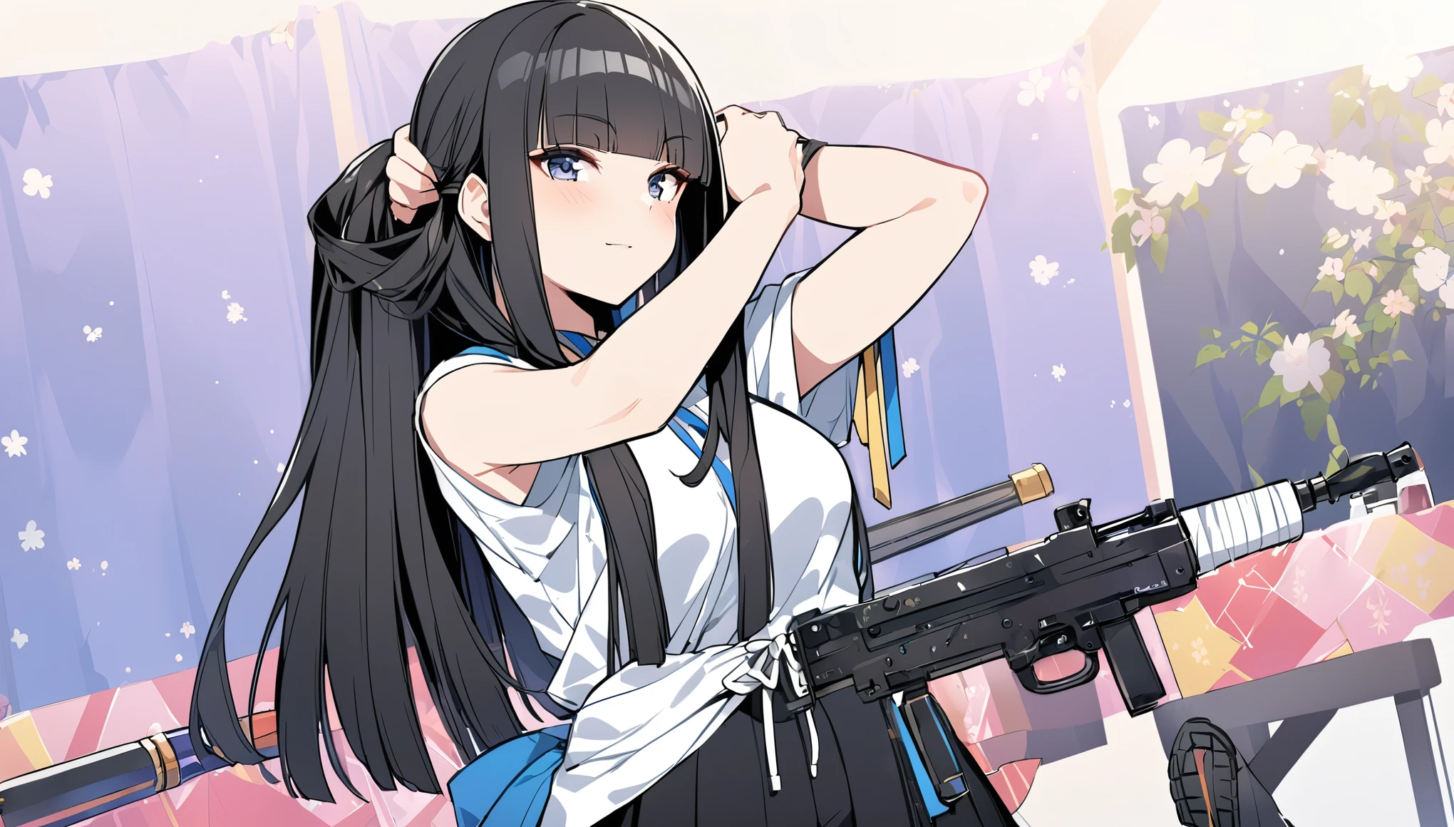 I play at music habs、iDOL、Japanese sword、rifle、Tying up hair、gun、Virtual Character ,Black Hair、blunt bangs、Straight Hair, face, 1 female,Sexy,