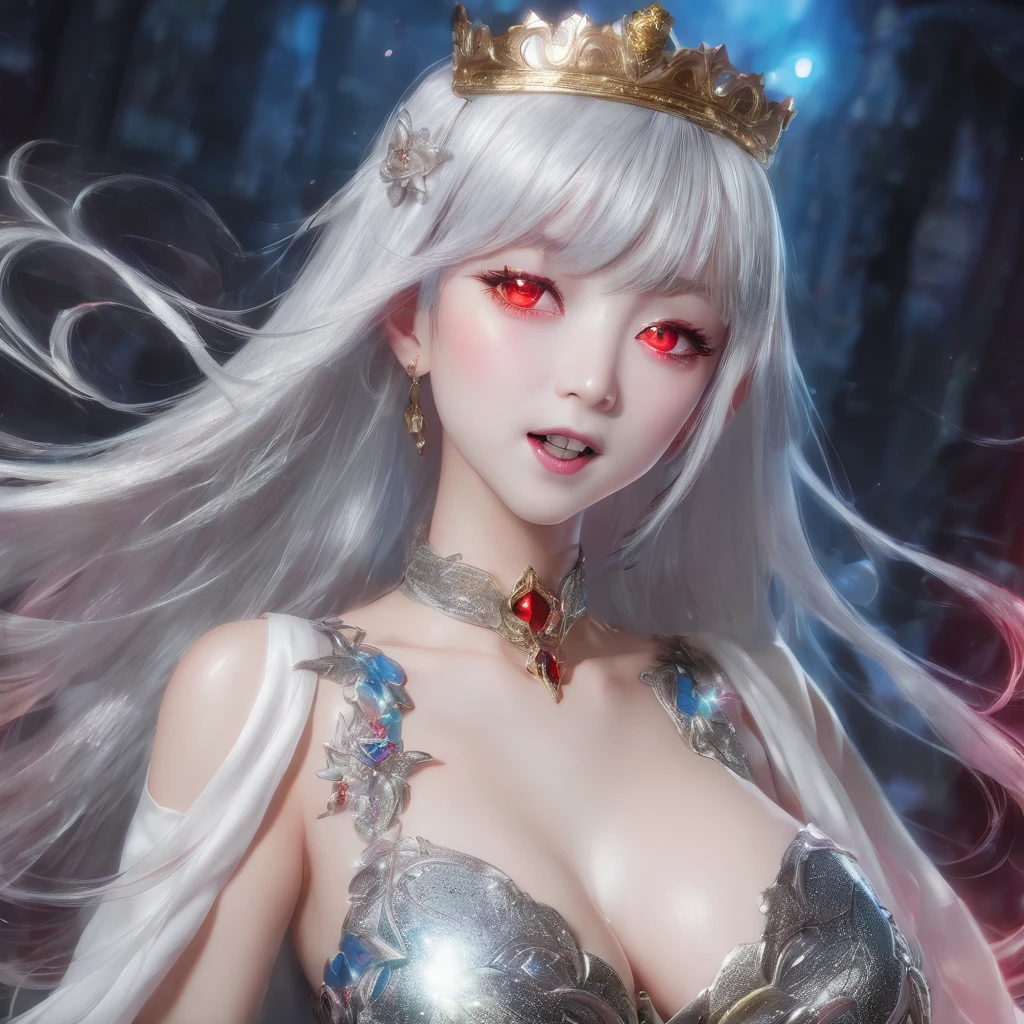 One girl, Long Hair、White Hair、Silver Hair．ギザギザなteeth．
Princess Teresa，White skin, large breasts, Pointy Ears, Blushing, masterpiece, とてもLong Hair, Gray Hair, Sparkle Effect, Background blur, Lady wearing a white dress、Princess Teresaは吸血鬼でギザギザなteethを持つ舌の長い巨胸な令嬢です。poses shyly with tongue out、White wax skin、Pale background、Dark room bed tongue, teeth, Sticking out tongue, Red colored eyes, saliva, Blue Mouth、Inky、Lens flare, masterpiece, Gaze, Bangs between the eyes, Female monster、Beautiful Vampire、White wax skin、Show your fangs、Attacking a person、Snake-like eyes