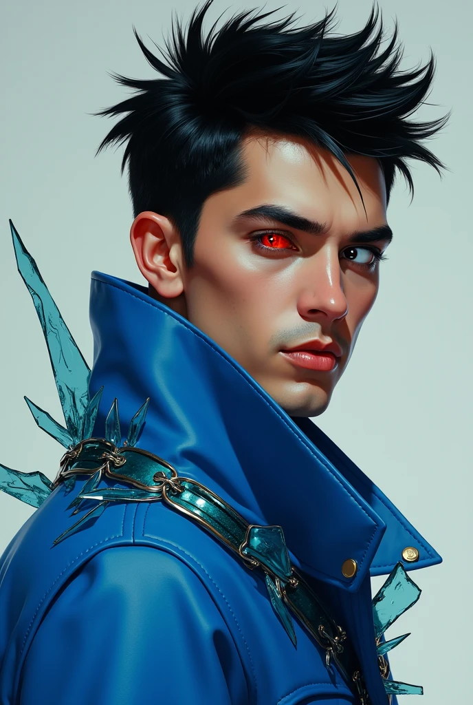 A young Latino man with spiky black hair,one white eye and one red,a blue overcoat and shards of glass wrapped around it