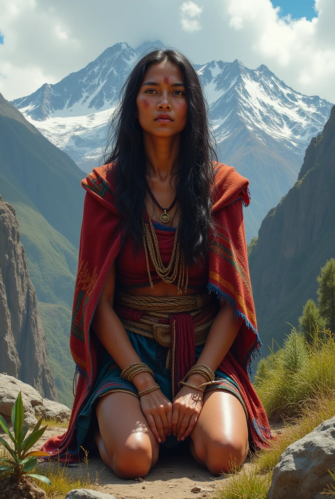 An Andean woman kneeling with her hands tied behind her back