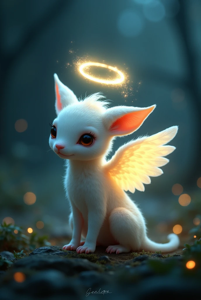 Little animal in the night with brightness around it with angel wings and its angel crown and fire