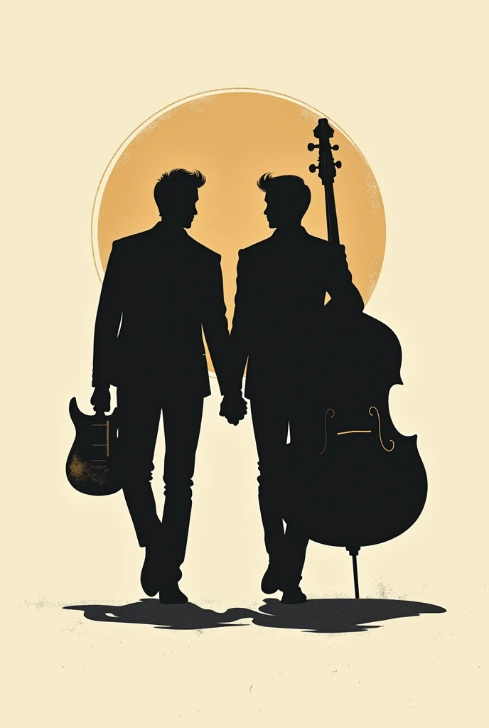 "Create a logo for a musical group that features the silhouettes of two young men walking forward from the background. One holds a electric guitar, and the other carries a bass. The design should combine classic, elegant elements with a contemporary twist, reminiscent of a vintage era but with modern sensibilities. The silhouettes should be stylish and refined, capturing the essence of timeless music. Incorporate subtle details that evoke the nostalgia of classic album covers, using a color palette like black, ivory, and muted gold to enhance the sense of elegance and history."