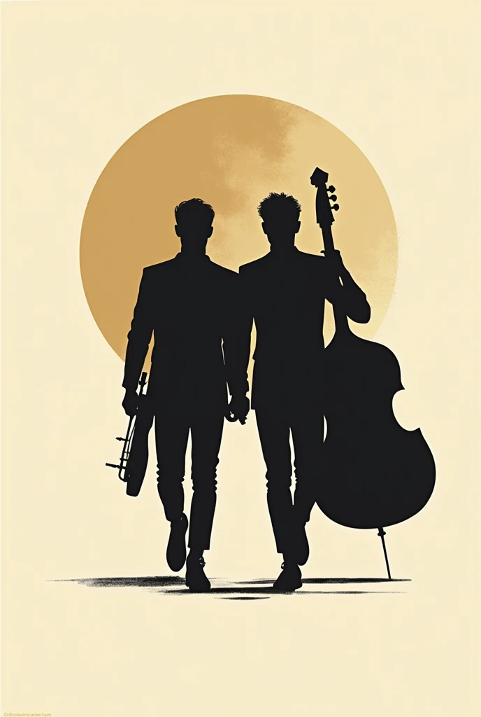 "Create a logo for a musical group that features the silhouettes of two young men walking forward from the background. One holds a electric guitar, and the other carries a bass. The design should combine classic, elegant elements with a contemporary twist, reminiscent of a vintage era but with modern sensibilities. The silhouettes should be stylish and refined, capturing the essence of timeless music. Incorporate subtle details that evoke the nostalgia of classic album covers, using a color palette like black, ivory, and muted gold to enhance the sense of elegance and history."