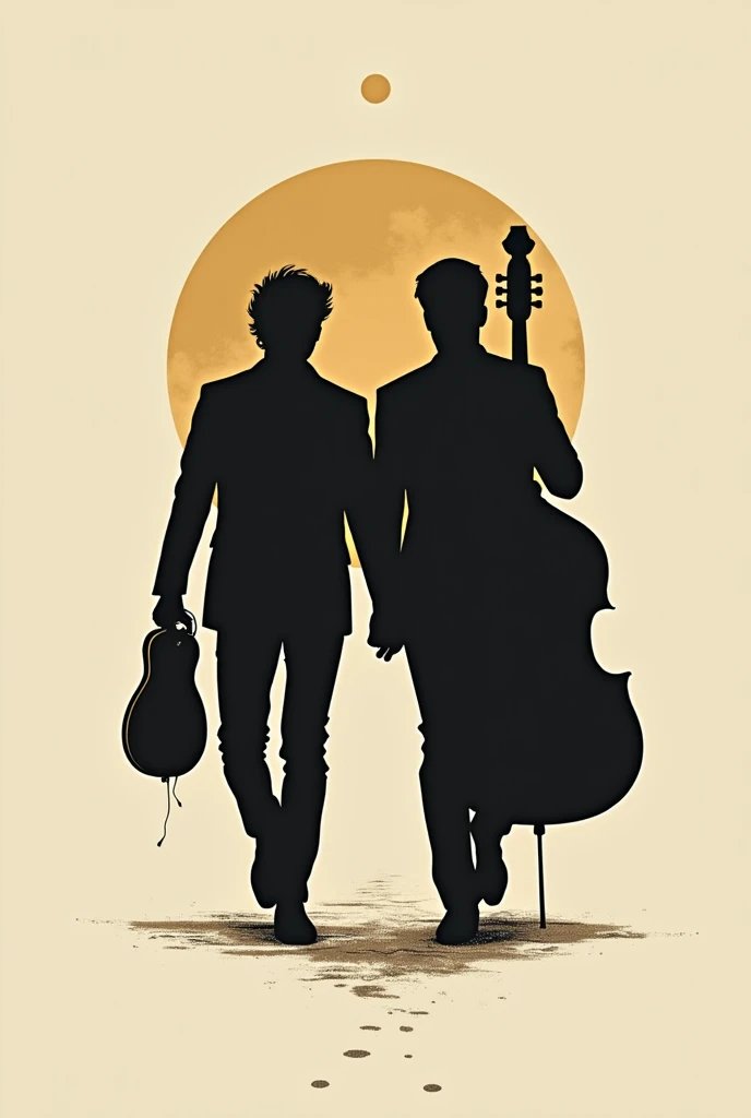 "Create a logo for a musical group that features the silhouettes of two young men walking forward from the background. One holds a electric guitar, and the other carries a bass. The design should combine classic, elegant elements with a contemporary twist, reminiscent of a vintage era but with modern sensibilities. The silhouettes should be stylish and refined, capturing the essence of timeless music. Incorporate subtle details that evoke the nostalgia of classic album covers, using a color palette like black, ivory, and muted gold to enhance the sense of elegance and history."