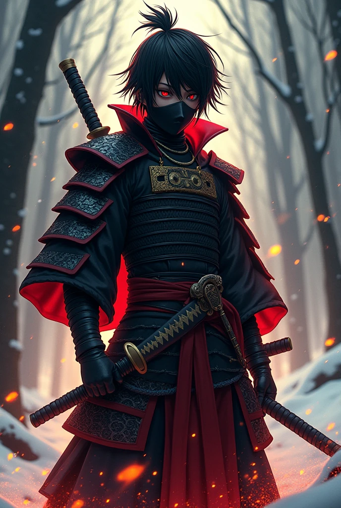 Demon Slayer art style , 1 , messy black short hair , 1 red eye , 1 completely black eye , Black and red samurai armor , Japanese Menpo style mask , with red and yellow flames , katana on the hip , looking out of the screen , Snowy forest background