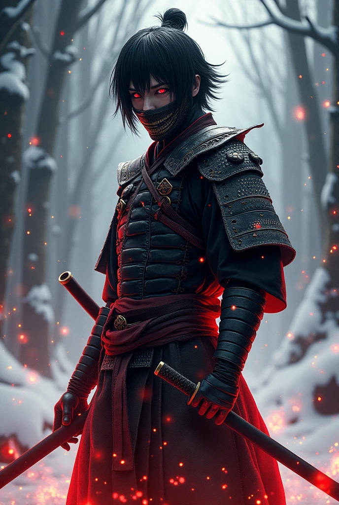 Demon Slayer art style , 1 , messy black short hair , 1 red eye , 1 completely black eye , Black and red samurai armor , Japanese Menpo style mask , with red and yellow flames , katana on the hip , looking out of the screen , Snowy forest background