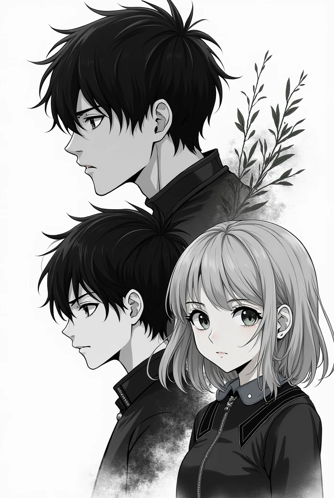 create 3 main characters of a manga one with 16 male years old another with 15 female another with 13 male in black and white make the 13 one a little more mature