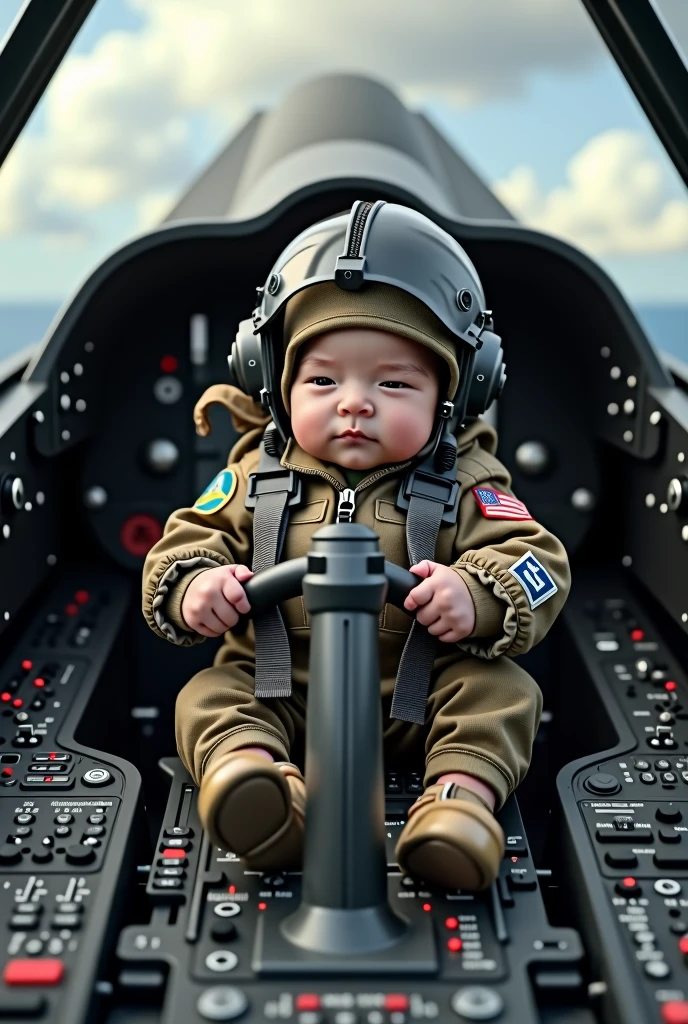 Newborn wearing a fighter pilot suit flying an F-35 aircraft. Realistic cockpit view as in real life.