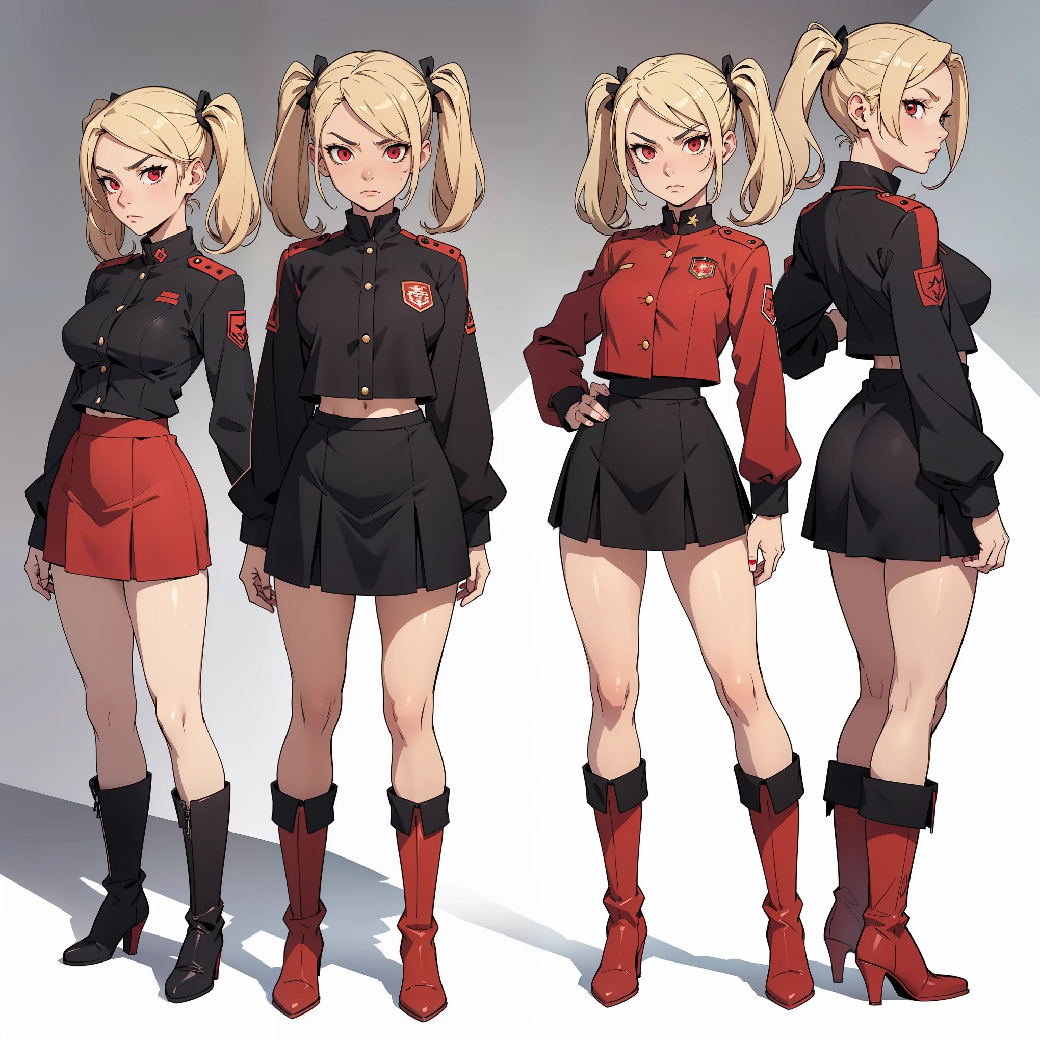 Very detailed, serious facial expression, , full body view, blonde hair with twintails, red eyes, looking at viewer, black and red uniform, skirt, black boots
