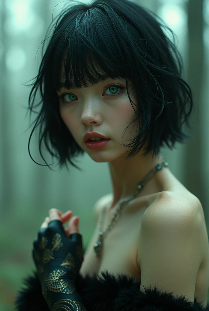 editorial photography,super detailed background,Super realistic,double exposure,depth of field,beauty super slender skinny vides,soft_focus tone,narrative scene,open glossy_lips,wavy very short bob-cut hair,Zentangle_gauntlet,abs,bare_fangs,brutal_gaze,Background of midsummer merging with midwinter,knee_shot portrait,blunt_bangs,Japanese,jade_eyes,dark fantasy horror SCI-FI,