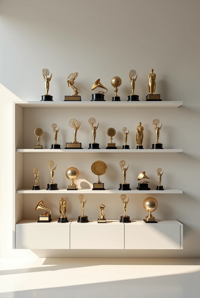 create a shelf with 18 entertainment awards, I will include a variety of recognizable trophies from the music world, movie theater, and television, like Oscars, Emmys, Golden Globes, Grammys, and others. The shelf will have a modern and minimalist design, with the prizes organized in a harmonious way.