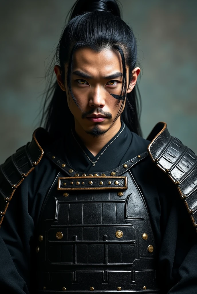 un homme japonais au cheuveux long noir avec une queue de cheval, il se tien face a nous il a les yeux d'une couleur jaune vive ainsi qu'une cicatrice au niveau de sa joue, une meche de cheuveux tombe devant son visage il est dans une armure de samourai noir