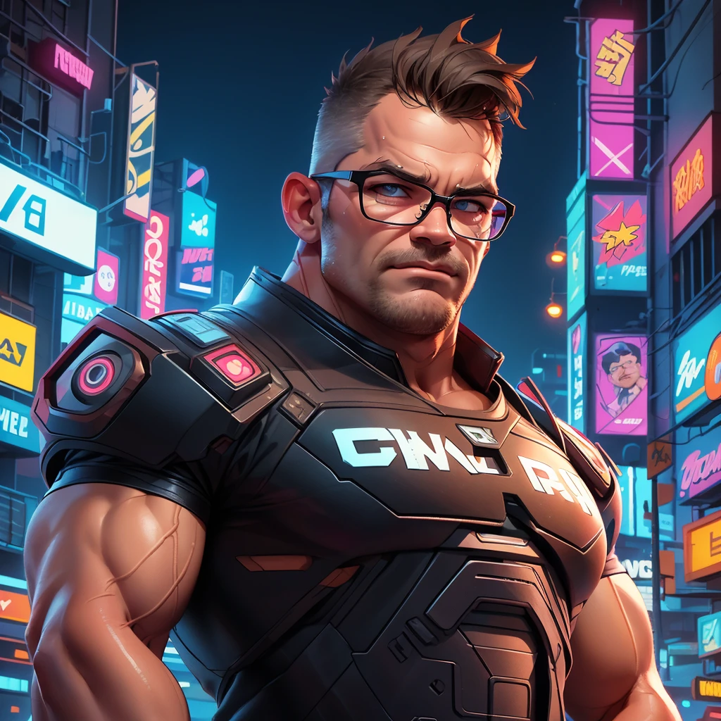 DClark, D_Clark, a sketch of a close-up, strong man, 25yo, with glasses, looking forward, drawn on paper with a neon colors pens, on an cyberpunk city, high quality lines, rich drawing, light background, cartoon style, caricature, precise lines,