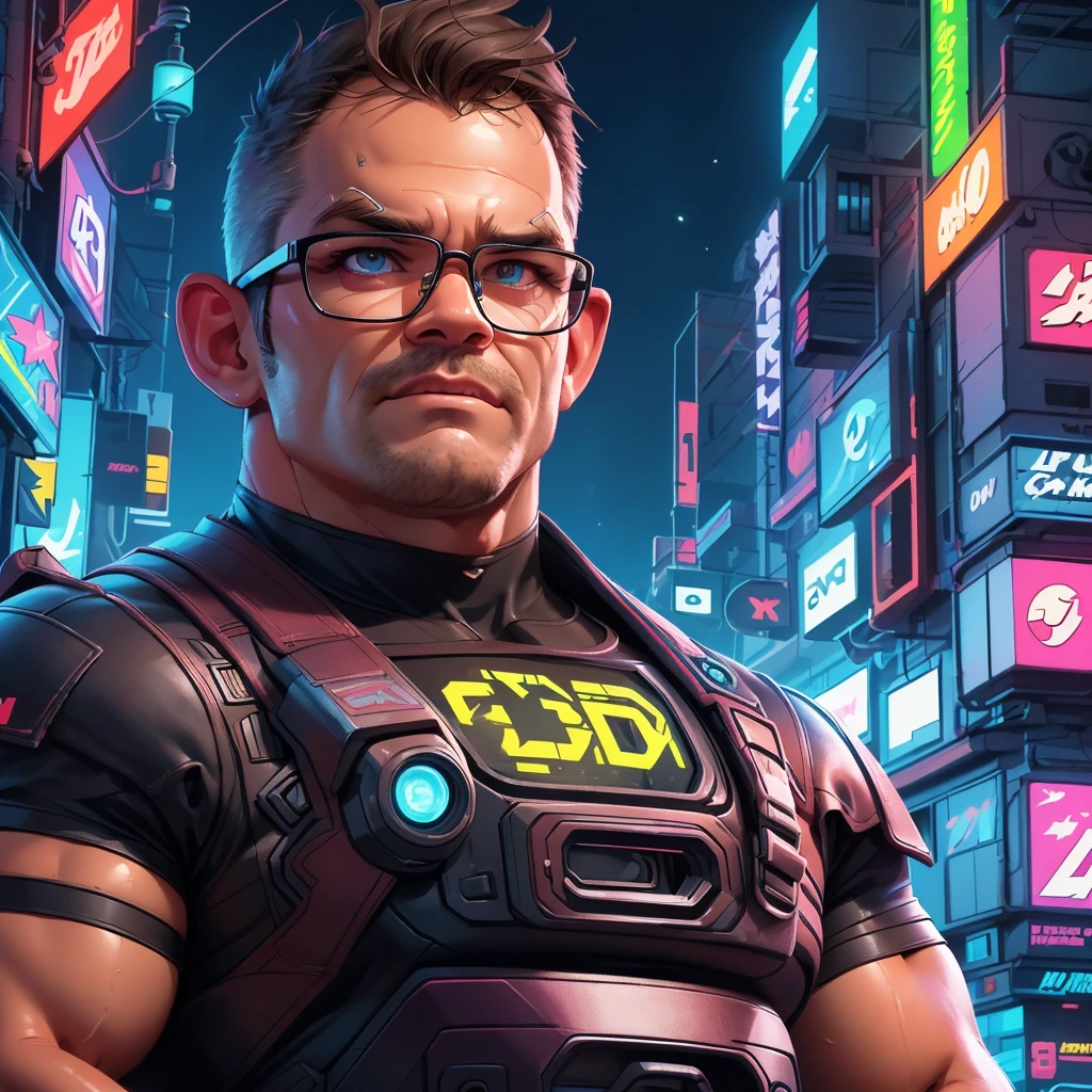 DClark, D_Clark, a sketch of a close-up, strong man, 25yo, with glasses, looking forward, drawn on paper with a neon colors pens, on an cyberpunk city, high quality lines, rich drawing, light background, cartoon style, caricature, precise lines,