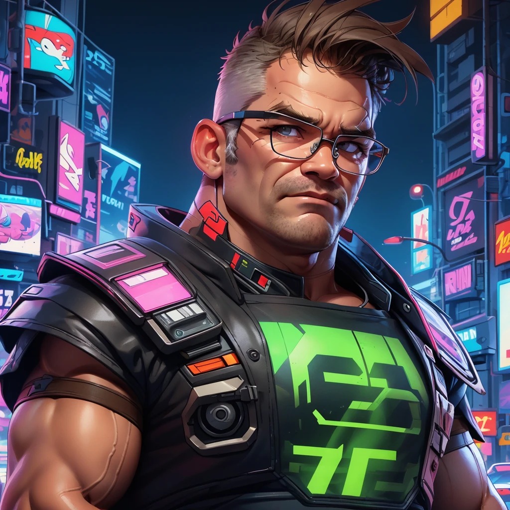 DClark, D_Clark, a sketch of a close-up, strong man, 25yo, with glasses, looking forward, drawn on paper with a neon colors pens, on an cyberpunk city, high quality lines, rich drawing, light background, cartoon style, caricature, precise lines,