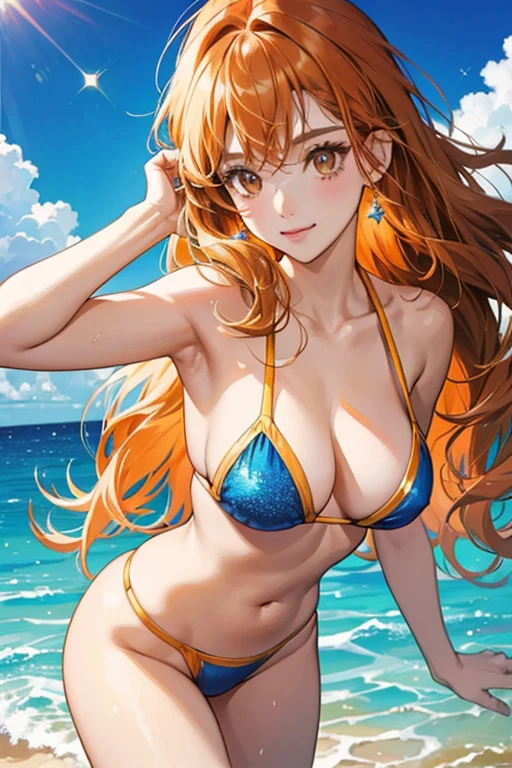 Her hair is now orange and has golden brown eyes. she wears a blue bikini as her swimwear. SPARKLE; GLITTER