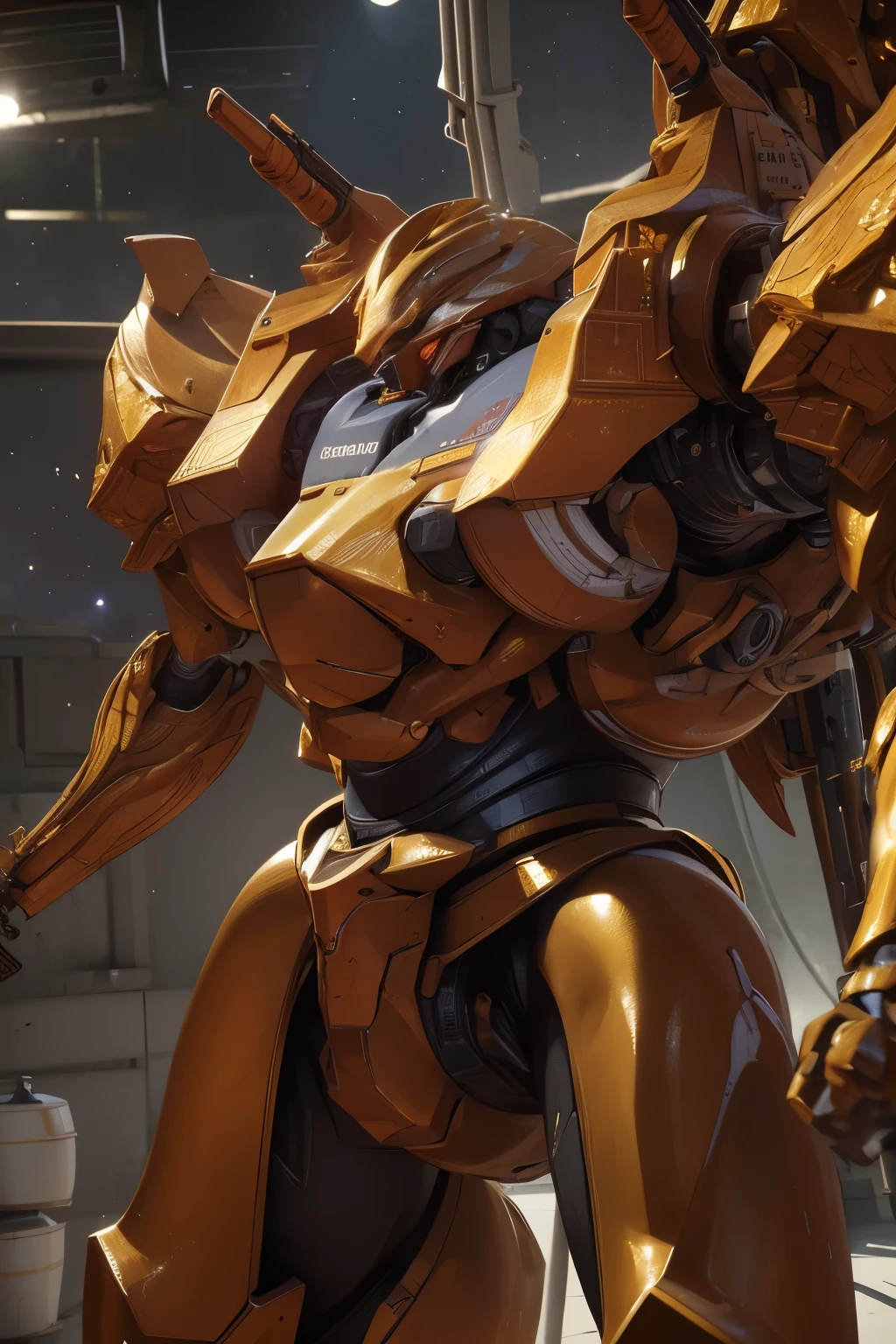 Extremely detaild, 8K, HDR, natural light, cinematic lighting, masterpiece-anatomy-perfect, Ultra HD, (Space Battlefield:1.5), RAW photo, metallic, professional, ultra-fine painting, perfect body proportions, anatomically correct, uhd, real texture material, Anti-Aliasing, FKAA, TXAA, SSAO, Post Processing, Post Production, Tone Mapping, CGI, VFX, SFX, Hyper maximalist, Volumetric, ultra photorealultra-detailed intricate details. Mech laranja com detalhes brancos, carregava um escudo em forma de torre. Corpo pesado, quadrado e com ligações octogonais, traziam um ar mais sagrado. (Obra de arte, melhor qualidade:1.5)
