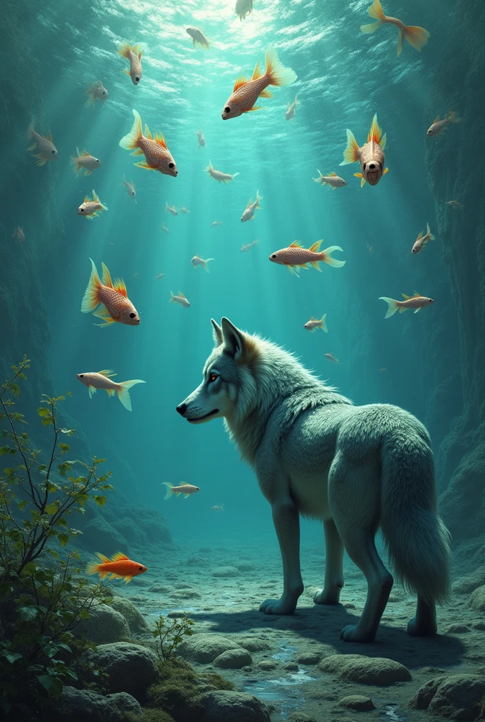 MANY FISH AND A WOLF FROM THE BOOK OF THE GOLDEN SNAKE BY THE AUTHOR CIRO ALEGRIA