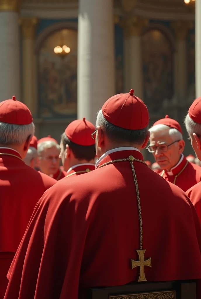 Images of Rome: the Vatican, St. Peter's Square, the interior of the Basilica. The camera focuses on the faces of cardinals listening to Margarito's case.)