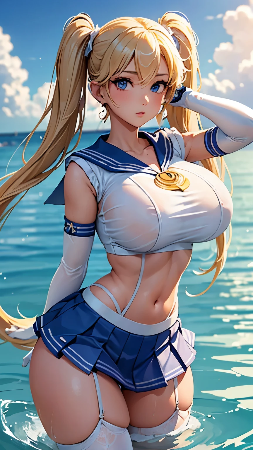 Close up, 1 girl, sailor, Tsukino Usagi, (sailor chiseki uniform:1.2),wet, See-Through top, (aqua eyes:0.9), blonde hair, twintail hair, wedge skirt, best quality, earrings, masterpiece, high resolution, intricate details, (realistic)), photography, (white elbow gloves:1.1), (white stocking:1.1), (huge breasts), (hourglass figure), (exposed navel), full body, dynamic background, dynamic pose, white