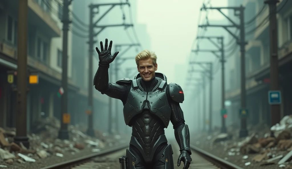 ((Full camera frame)), (((wilderness))), (broken streets), (((A man standing, back to camera., He wears a biomechanical suit and a sword in his hand..))), (low light), (futuristic city), steel bars, (((overhead railway cars))), scattered power lines, electric sparks, future vehicles, (dense dust smoke), ((ruined neon lights)), thick clouds, ((Night vision)), high quality, (super fine) , (Detailed light), detailed, necessary, 16K resolution, masterpieces, (cinematic lighting), (cyberpunk style), Dynamic perspective. without helmet. blonde. smiling. Raising hand to greet the camera. Slightly blurred background. Deep.