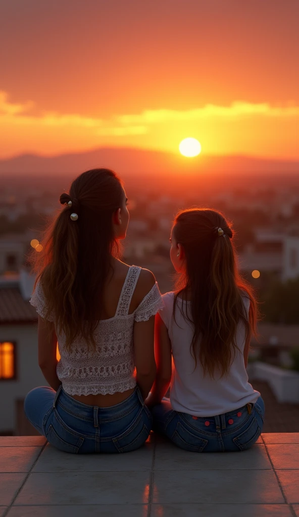 Beautiful arab girl wearing jeans and lace shirt barefoot, sitting on the roof of the house with her little sister, watching the sunset, there are distant houses and lit windows, the colors are wonderful, cinematic, (Best quality, very detailed work, (realistic, photorealistic, realistic: 1.37)dramatic lighting, cinematic composition, fiery lighting like a sunset