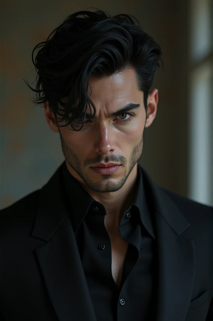 measures approximately 1.78 meters,slim build, but with defined muscles,defined jaw. ,high cheekbones,features are somewhat sharp,dark tone eyes,slightly torn shape,hair is jet black,smooth and generally messy,He takes it a little long, barely falling on his eyes and brushing his neck,skin is pale, with a slightly olive tone.