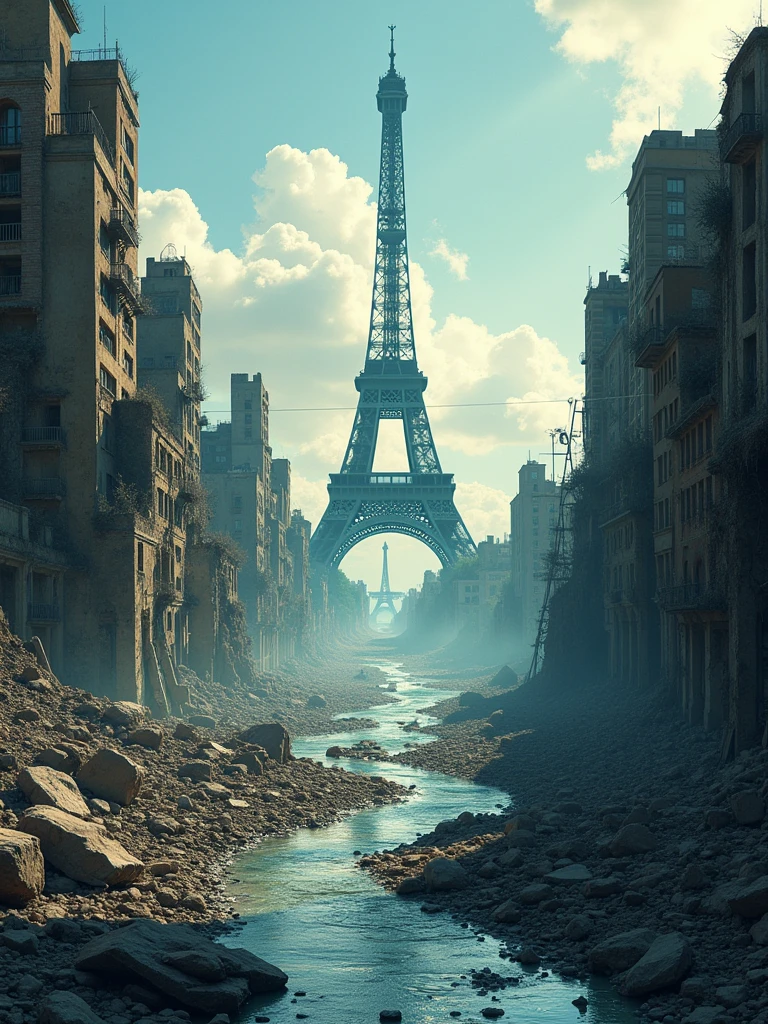 Old City, destruction of the city, rios, realistic illustration , visual mirage of the city of Paris