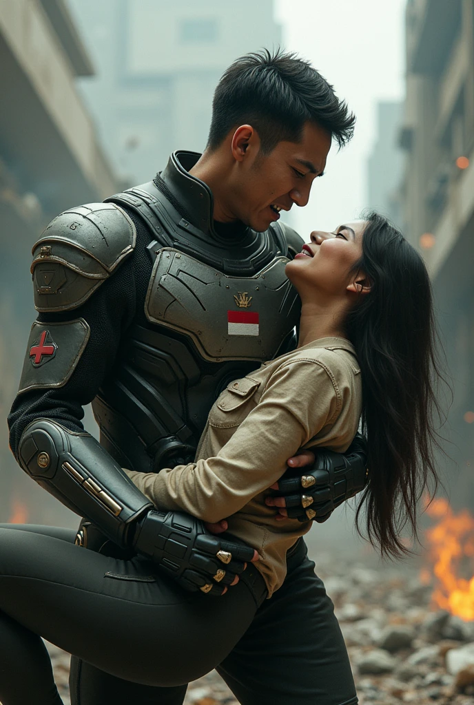 an Indonesian man wearing a super garuda outfit, while crying, shout, and shed tears, very deep sadness, tema robotic modern, with intricate and perfect details with a small Indonesian flag logo on the left chest, picked up a beautiful woman in tattered clothes, wounded, with the background of a ruined abandoned city, and smoke, futuristic, realistic, artistic, with perfect lighting makes it even more perfect.